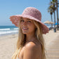 Crochet Wide Brim Sun Hat with Scalloped Edge Floral Accent and Chin Strap