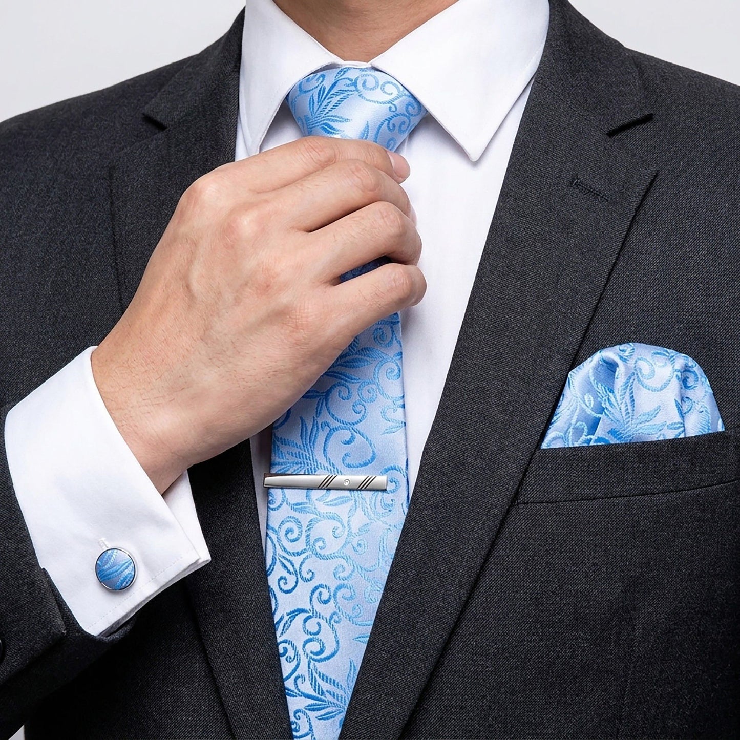 Men's Baroque Floral Tie Gift Set with Matching Pocket Square Cufflinks and Silver Tie Clip