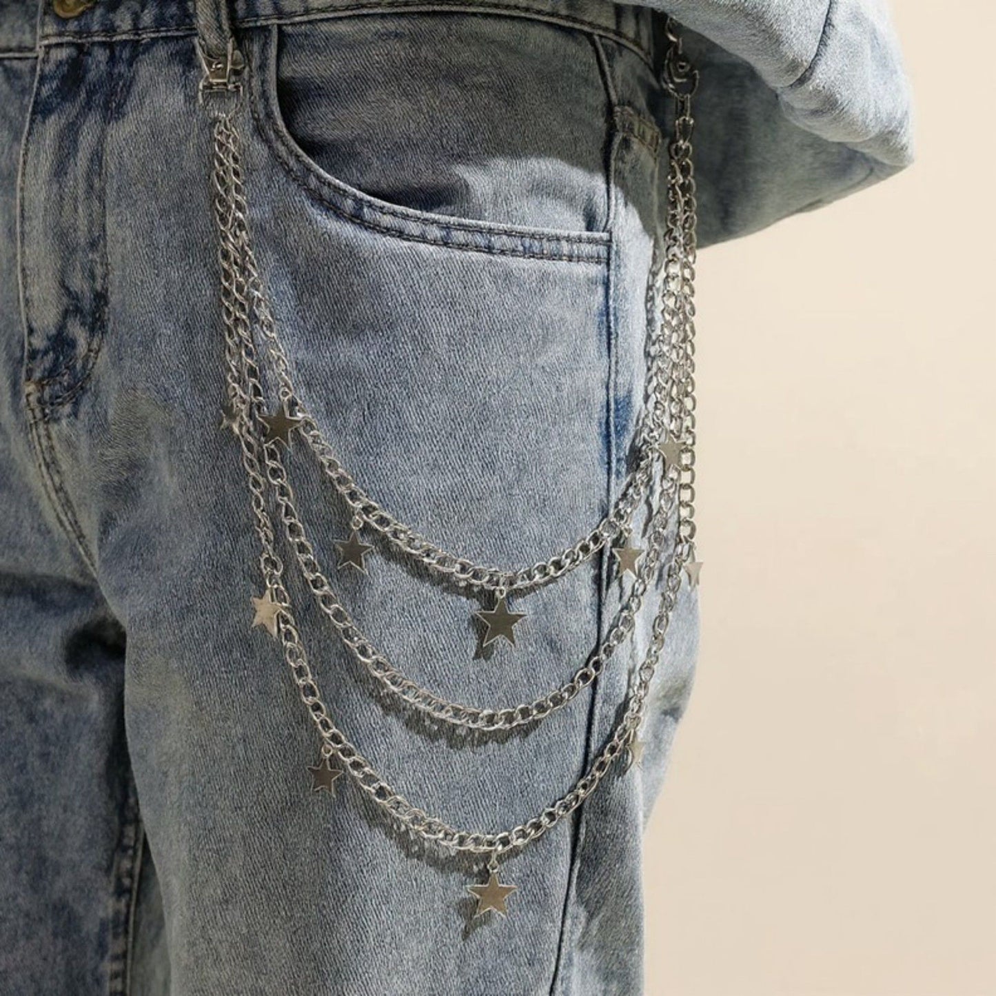 Star Charm Multi-Layer Chain Belt with Metal Loops and Punk-Inspired Drape Design 25in