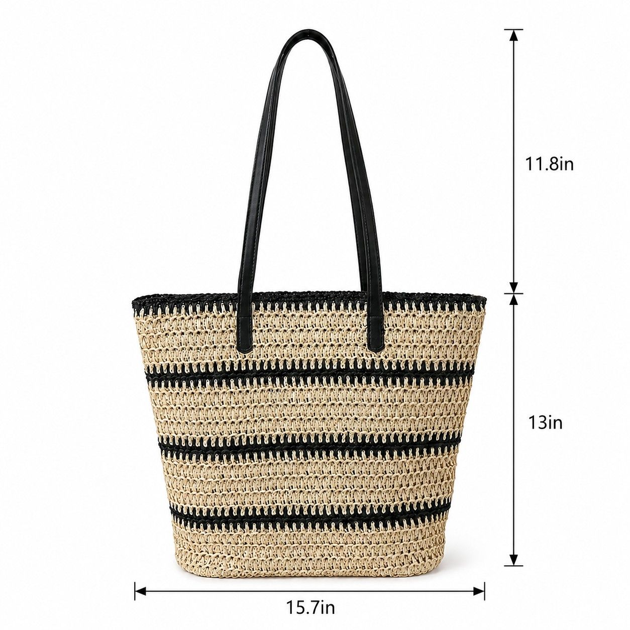 Open Weave Tote Bag with Contrast Stripe Zip Closure and Shoulder Handles