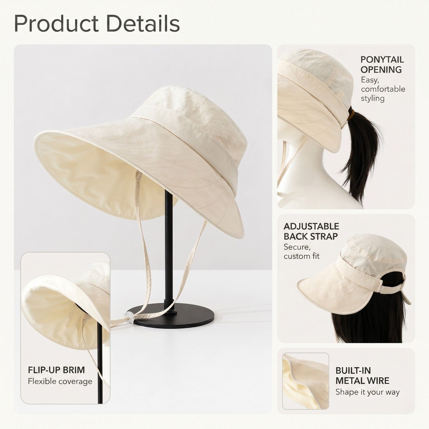 Wide Brim Bucket Sun Hat Adjustable Chin Strap UV Protection Packable Outdoor