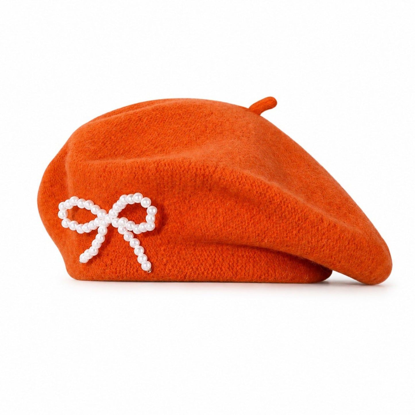 Pearl Bow Embellished Knit Wool Beret