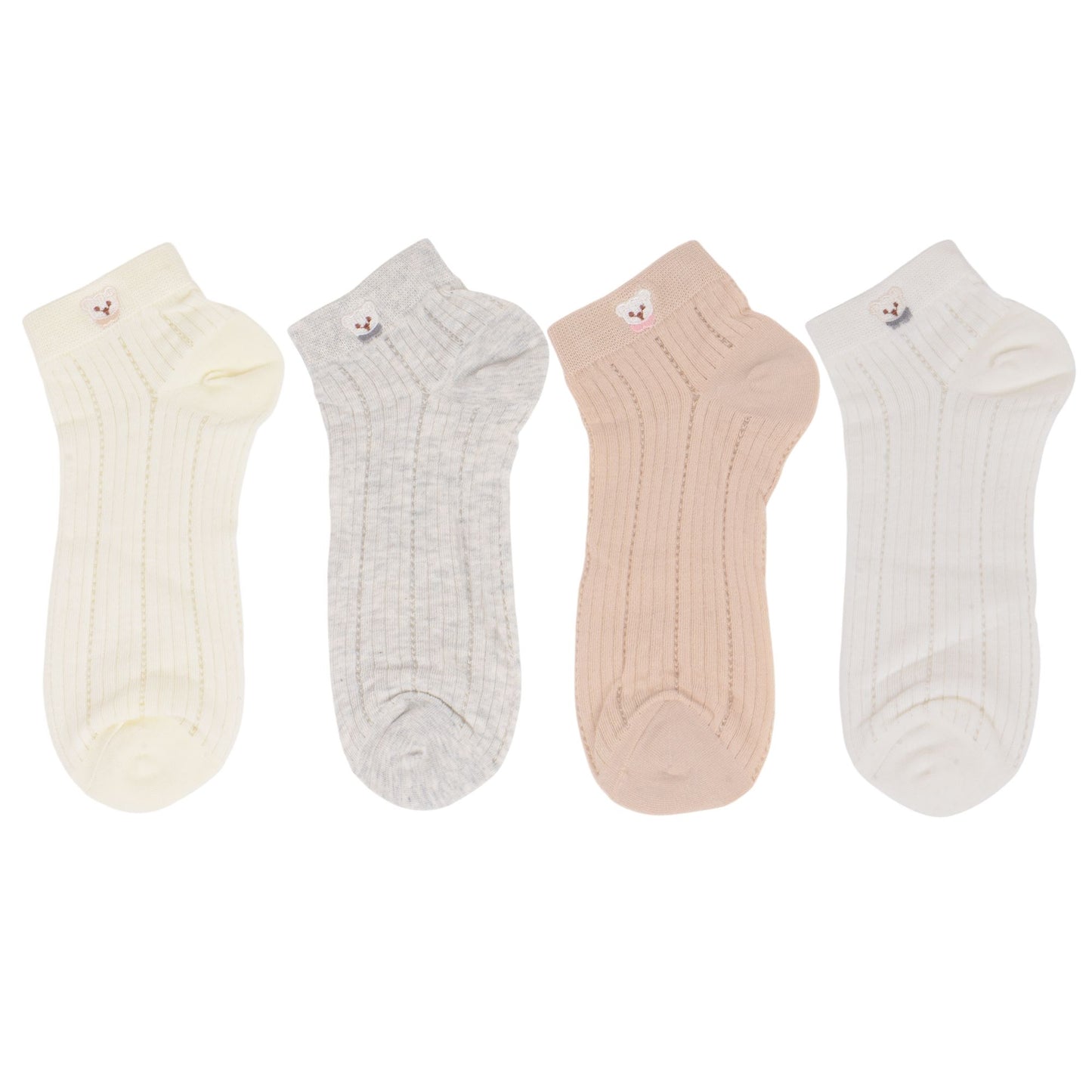 4 Pairs Women's Ankle Mesh Socks with Bear Embroidery Lightweight Breathable Knit and Elastic Cuffs