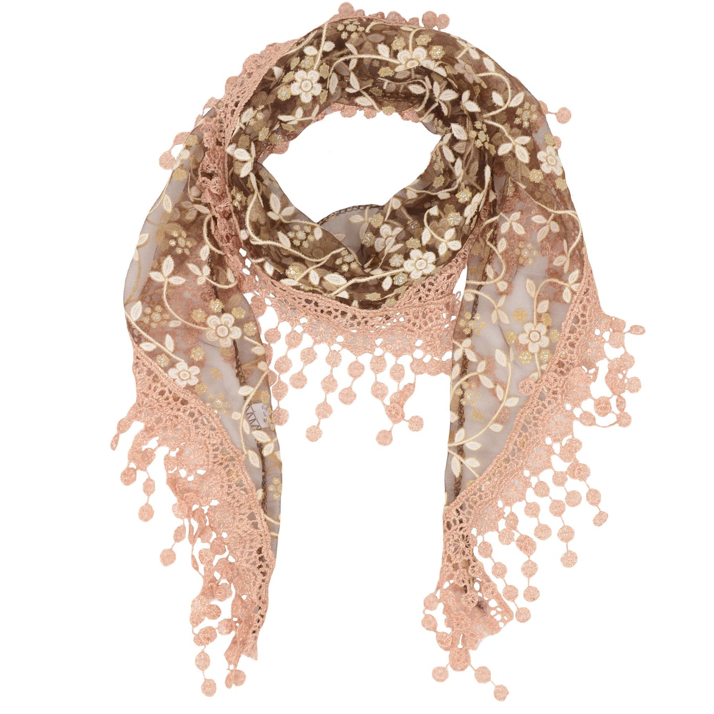 Lightweight Lace Floral Head Scarf Fringe Triangular Shawl