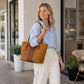Faux Suede Tote Bag with Double Shoulder Handles Zip Closure and Interior Pockets