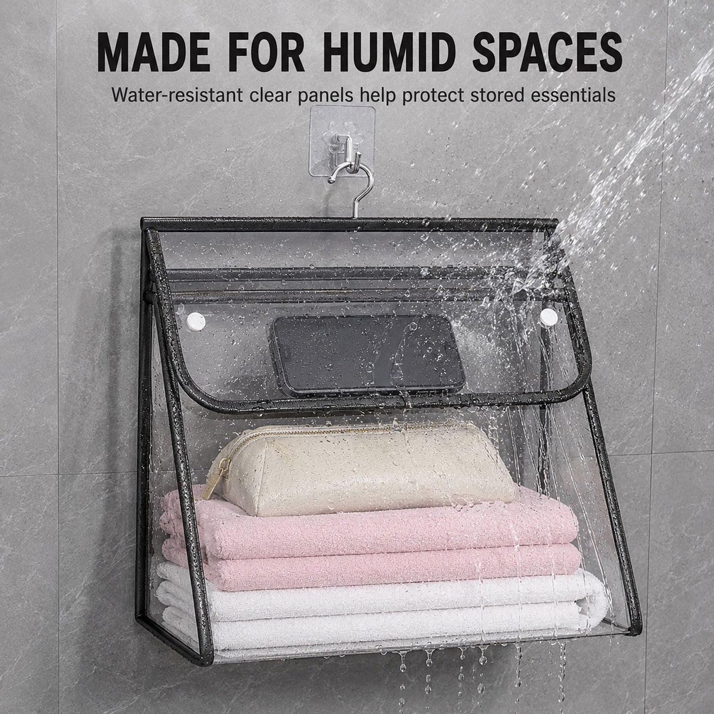 Clear Hanging Wall Storage Bag with Snap Flap Hook Bathroom Organizer