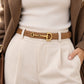Suede Leather Skinny Belt with Equestrian Gold Tone Buckle 39.4in