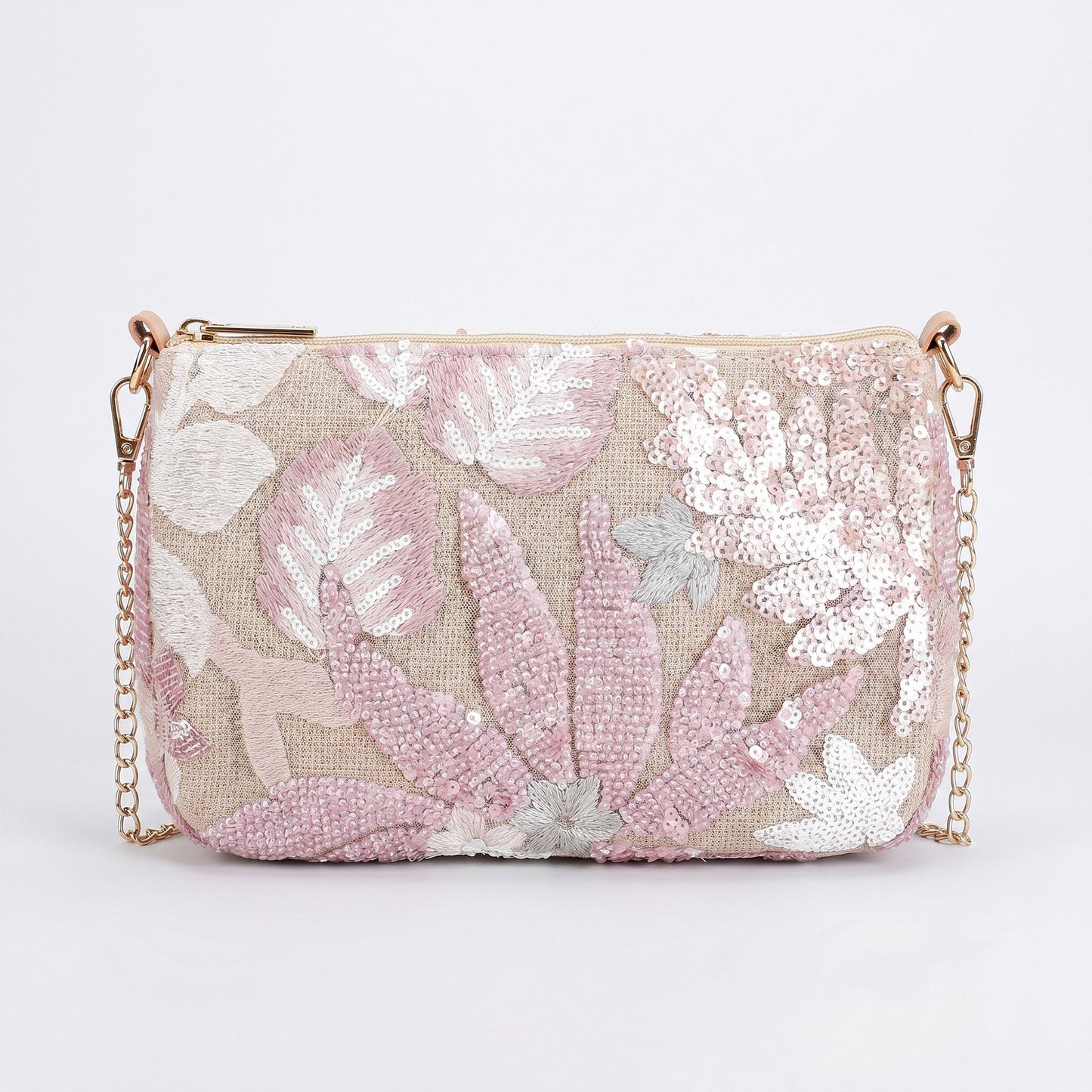 Floral Embroidered Sequin Shoulder Bag with Chain Strap Curved Silhouette