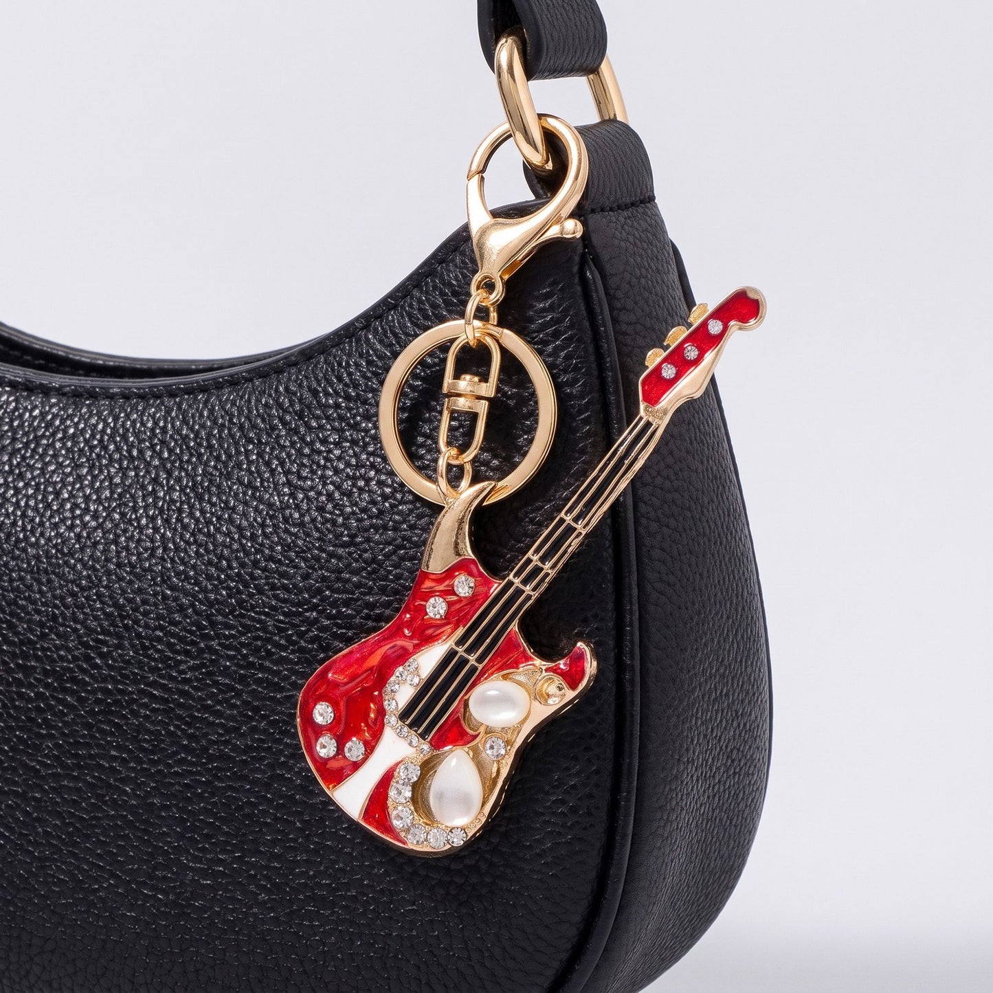 Guitar Rhinestone Keychain Bag Charm with Gold Tone Clasp and Key Ring