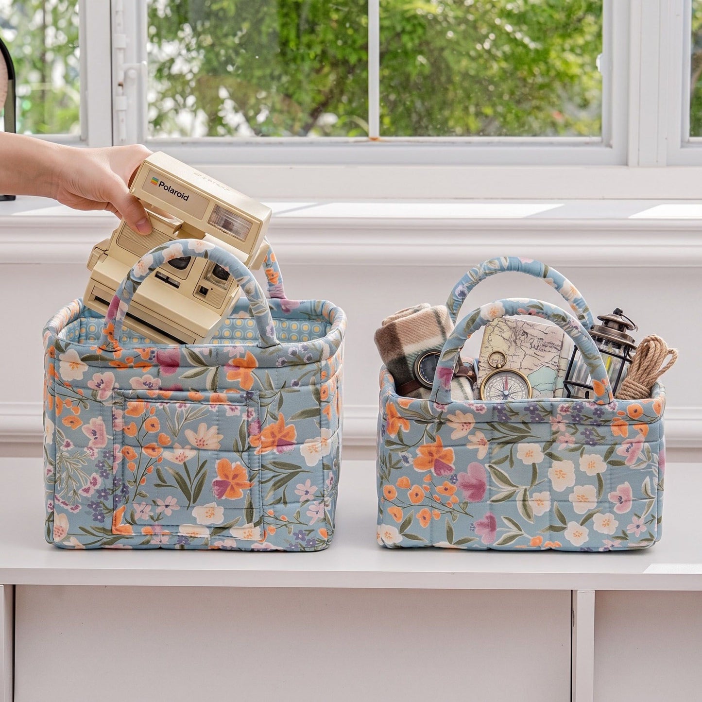 2 Piece Quilted Floral Storage Tote Set with Handles and Front Pocket