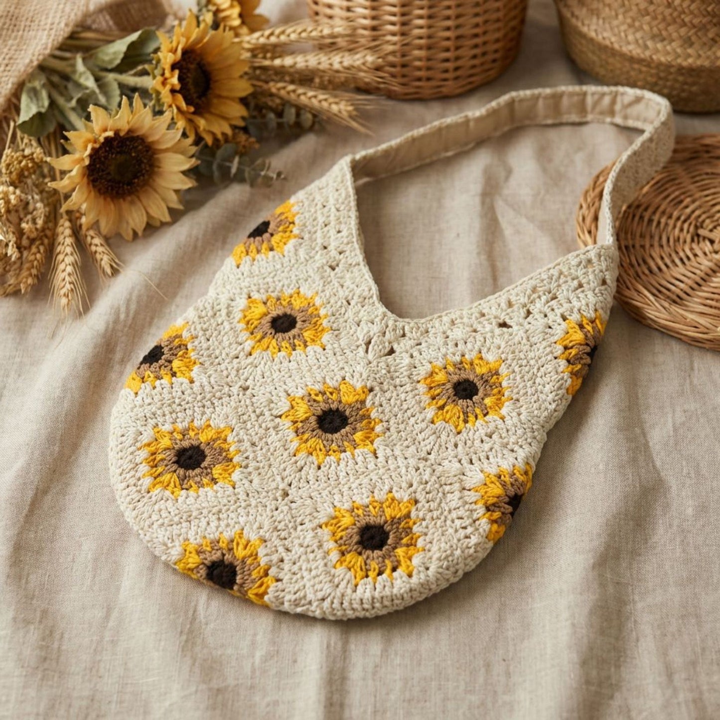 Sunflower Crochet Shoulder Tote Bag Large Capacity Handbag