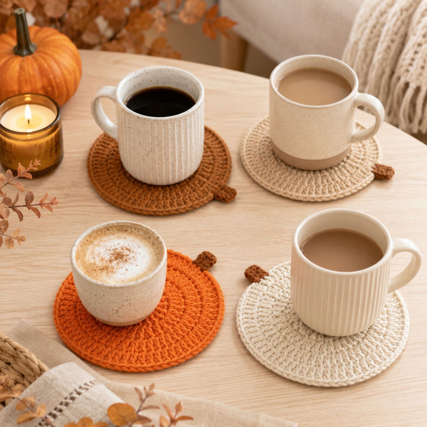 Handmade Crochet Halloween Pumpkin Cup Coaster Set of 4