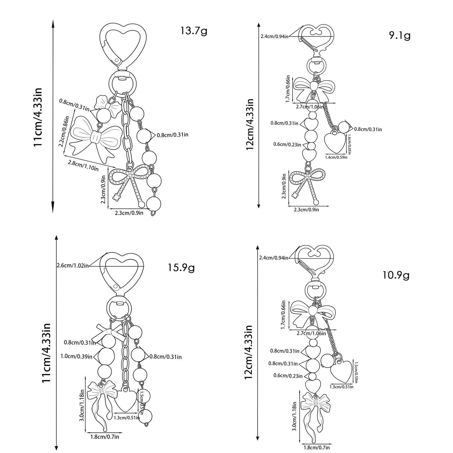 Romantic Heart, Pearl & Bow Multi-Charm Bag Charm Key Chain 4-Piece Set