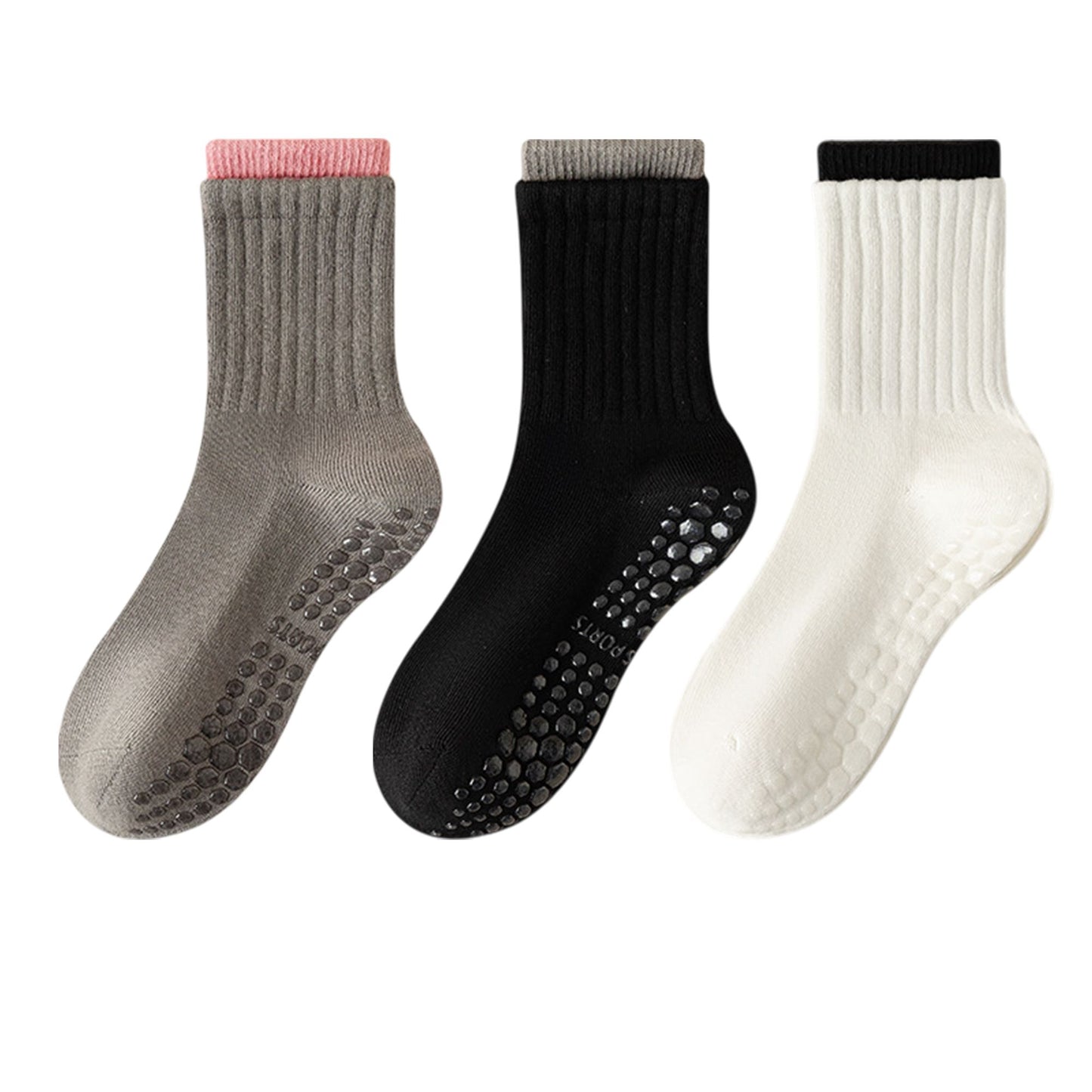 Womens Non-Slip Grip Crew Socks 3 Pair Pack Custom Color Combos Soft Ribbed Cotton with 3D Silicone Heel