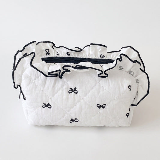 Womens Quilted Bow Print Cosmetic Bag with Ruffle Trim