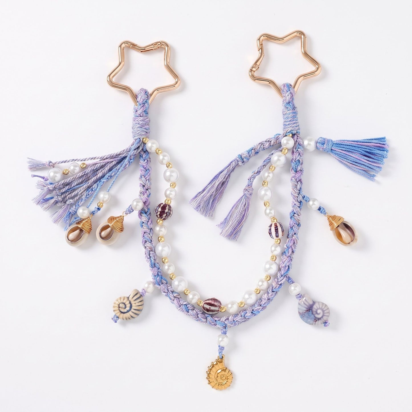 Purple Coastal Bag Charm with Star Clips Pearl Look Beads Braided Cord and Tassels