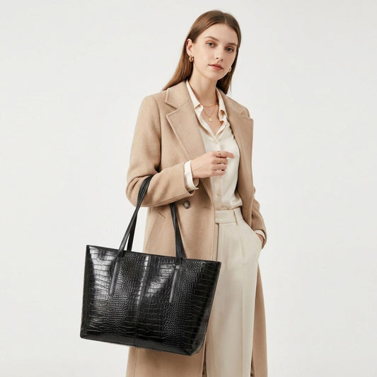 Crocodile Embossed Tote Bag Large Shoulder Handbag with Zipper Closure