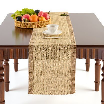 Textured Woven Table Runner with Fringe Trim and Neutral Stripe Pattern 47x11.8 in