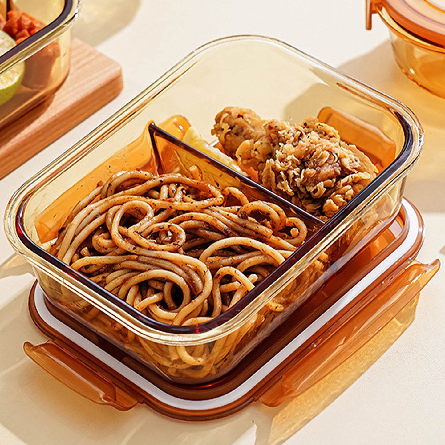 Divided Food Storage Container with Snap Lid and Sauce Compartment