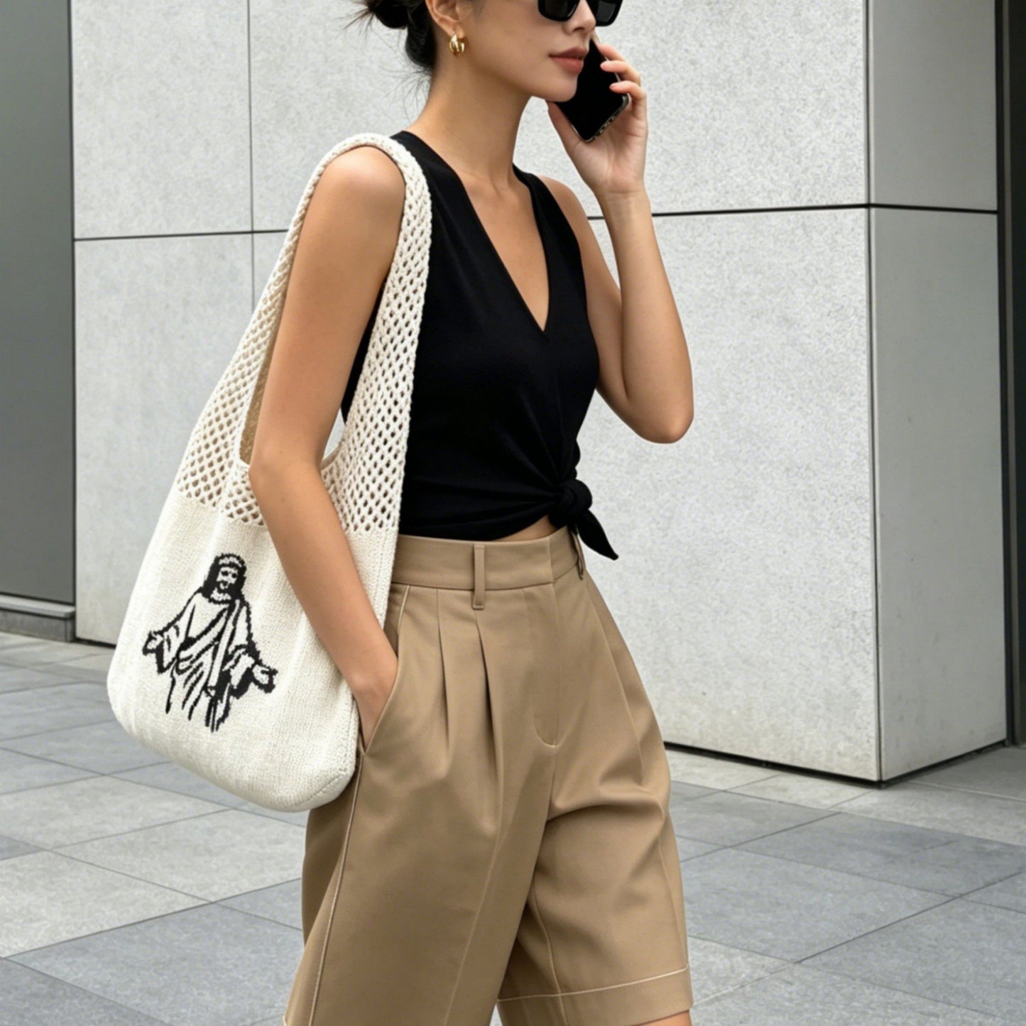 Knit Shoulder Bag with Open Mesh Detail Soft Slouchy Tote and Graphic Front Design for Casual Carry