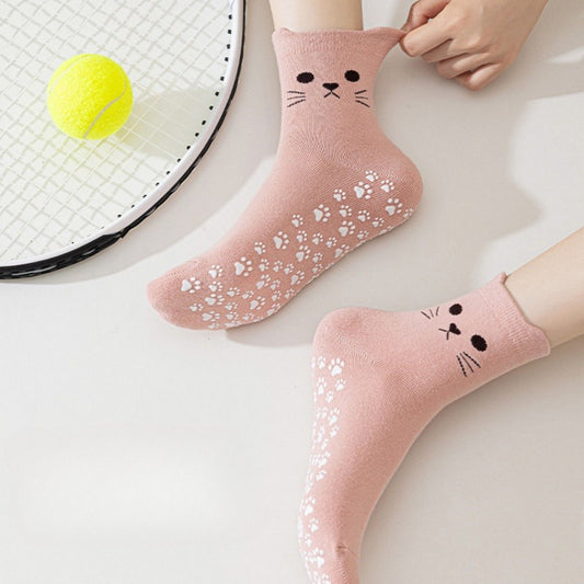 Cat Face Grip Socks with Paw Print Anti-Slip Sole Soft Knit Ankle Socks for Home or Yoga 3-Pack