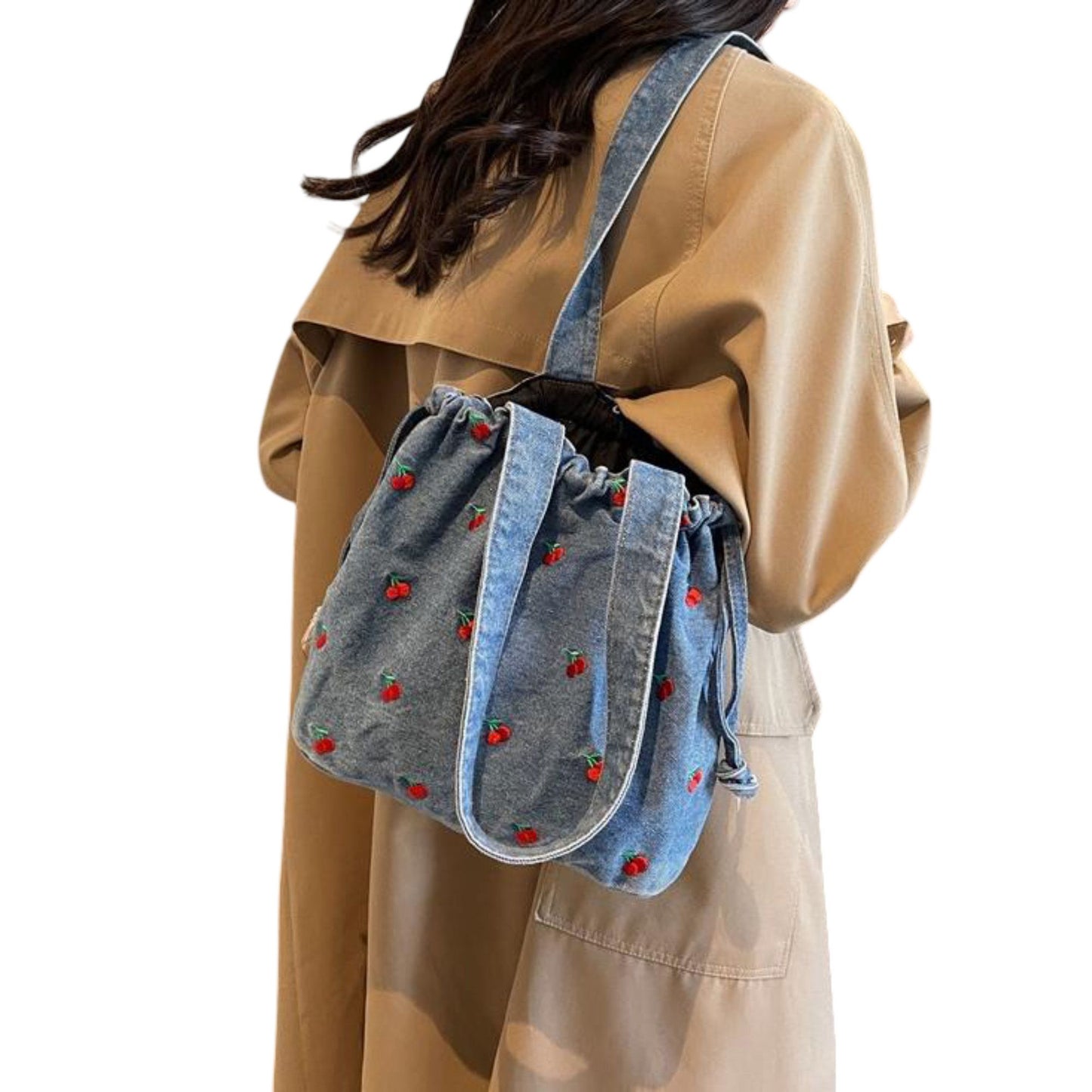 Embroidered Cherry Denim Drawstring Bag with Fixed Shoulder Strap