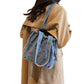 Embroidered Cherry Denim Drawstring Bag with Fixed Shoulder Strap