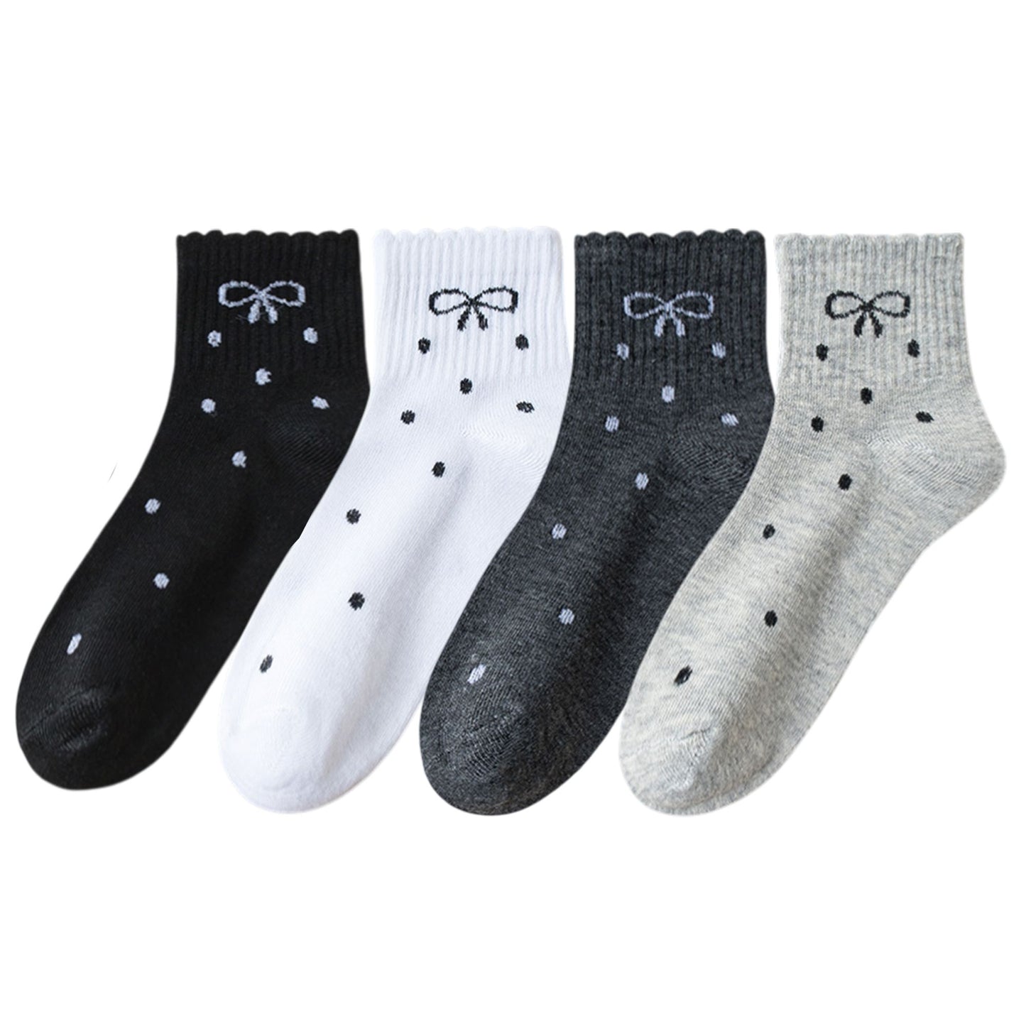 Soft Cotton Ankle Socks with Bow Embroidery Polka Dot Design 4 Pairs