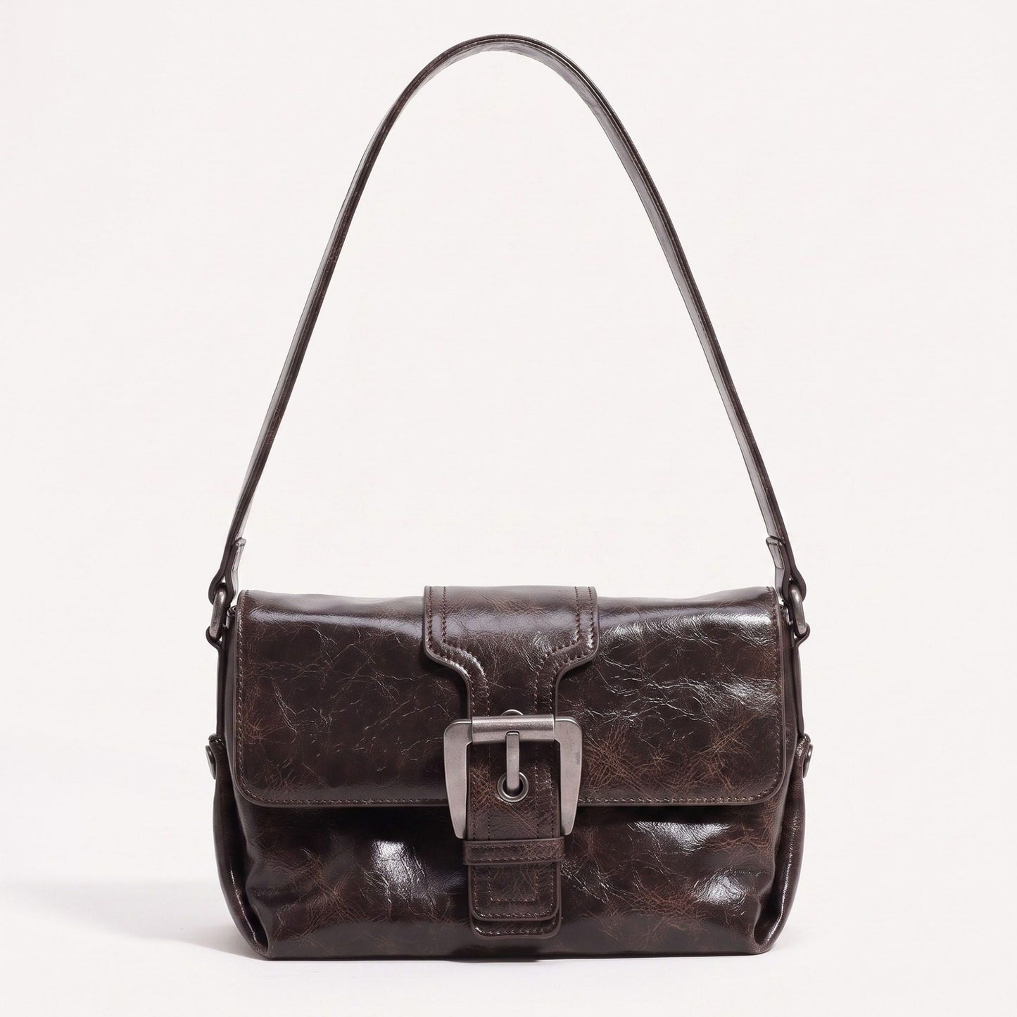 Distressed-Look Flap Shoulder Bag with Metal Clasp
