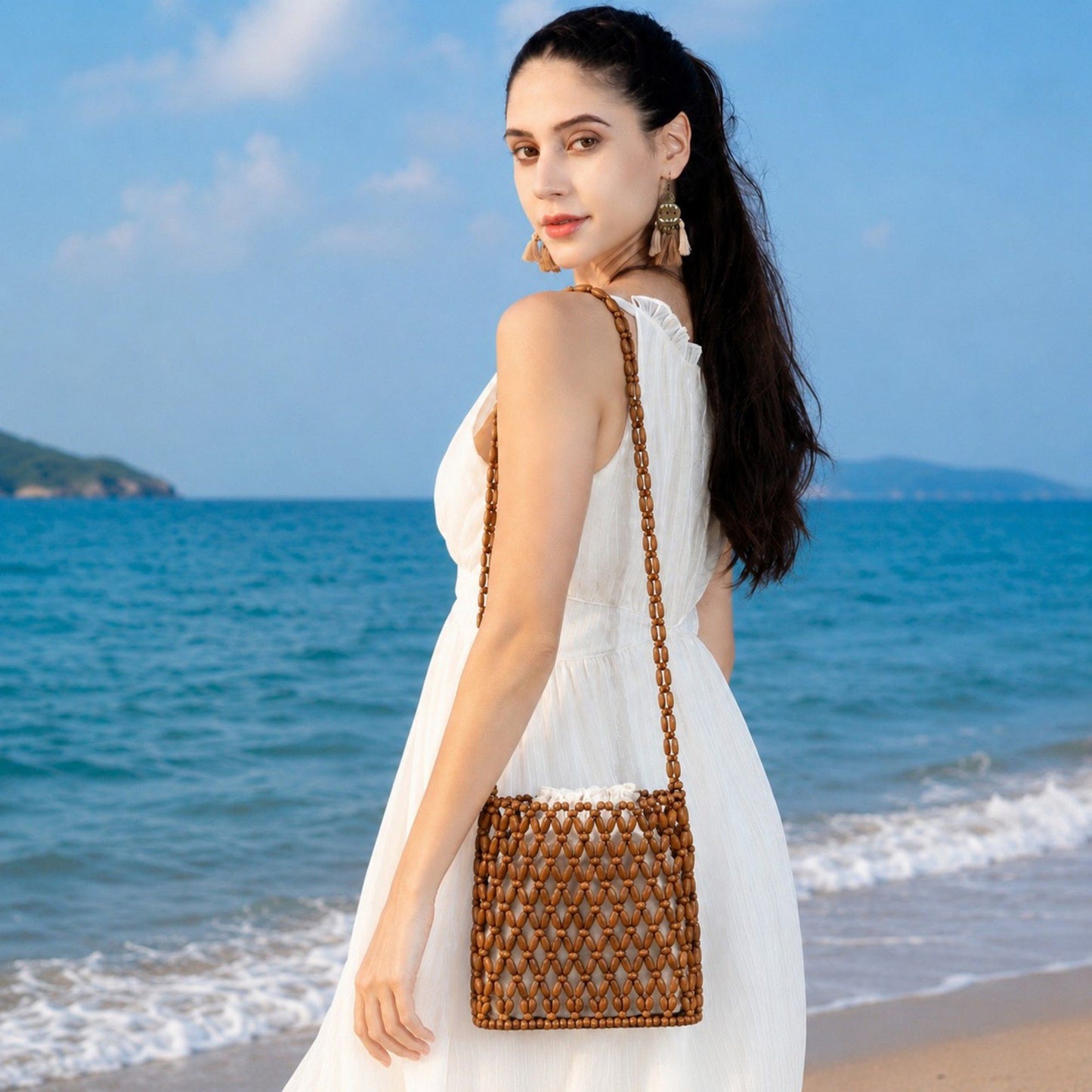 Hand-Crafted Wooden Beaded Crossbody Bag for Women - Lightweight Geometric Pattern Purse