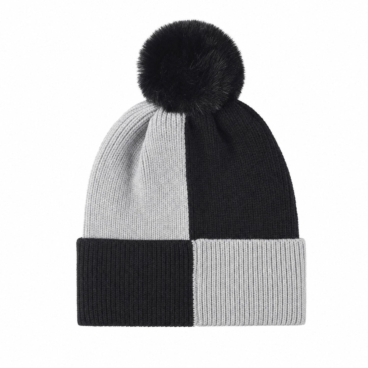 Color Block Knit Beanie Winter Hat with Pom and Plush Lining