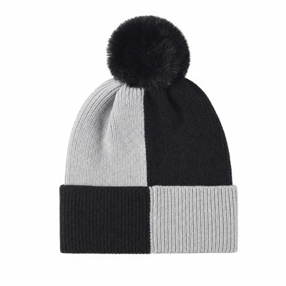 Color Block Knit Beanie Winter Hat with Pom and Plush Lining