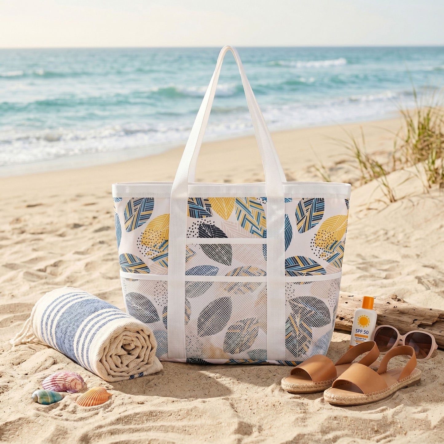 Printed Beach Tote Bag with Mesh Pockets and Shoulder Handles