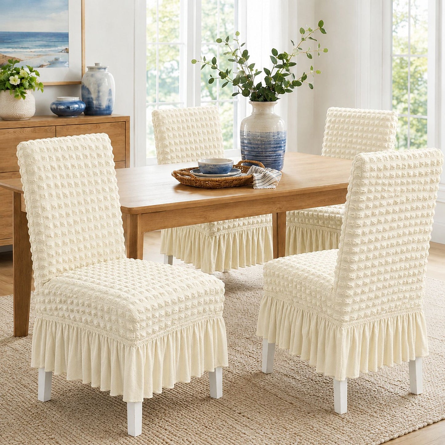 2 Pack Textured Stretch Dining Chair Covers with Ruffled Skirt