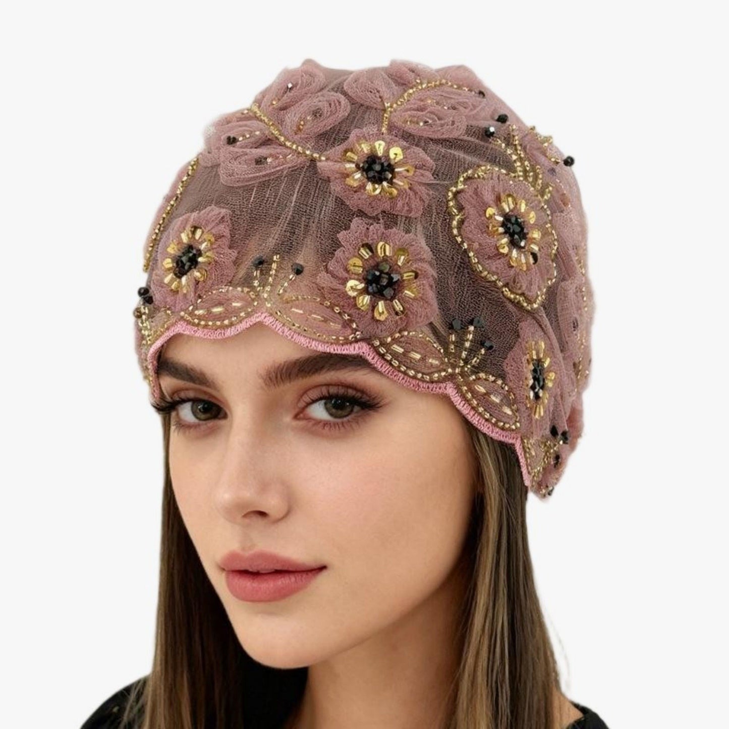 Floral Beaded Mesh Cloche Cap with Scalloped Trim