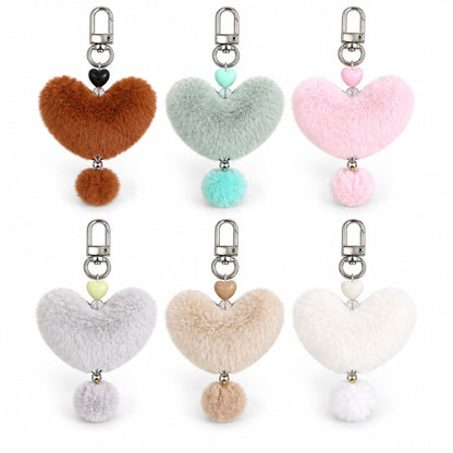 Fluffy Heart Pom-Pom Keychain Cute Faux Fur Bag Charm Set