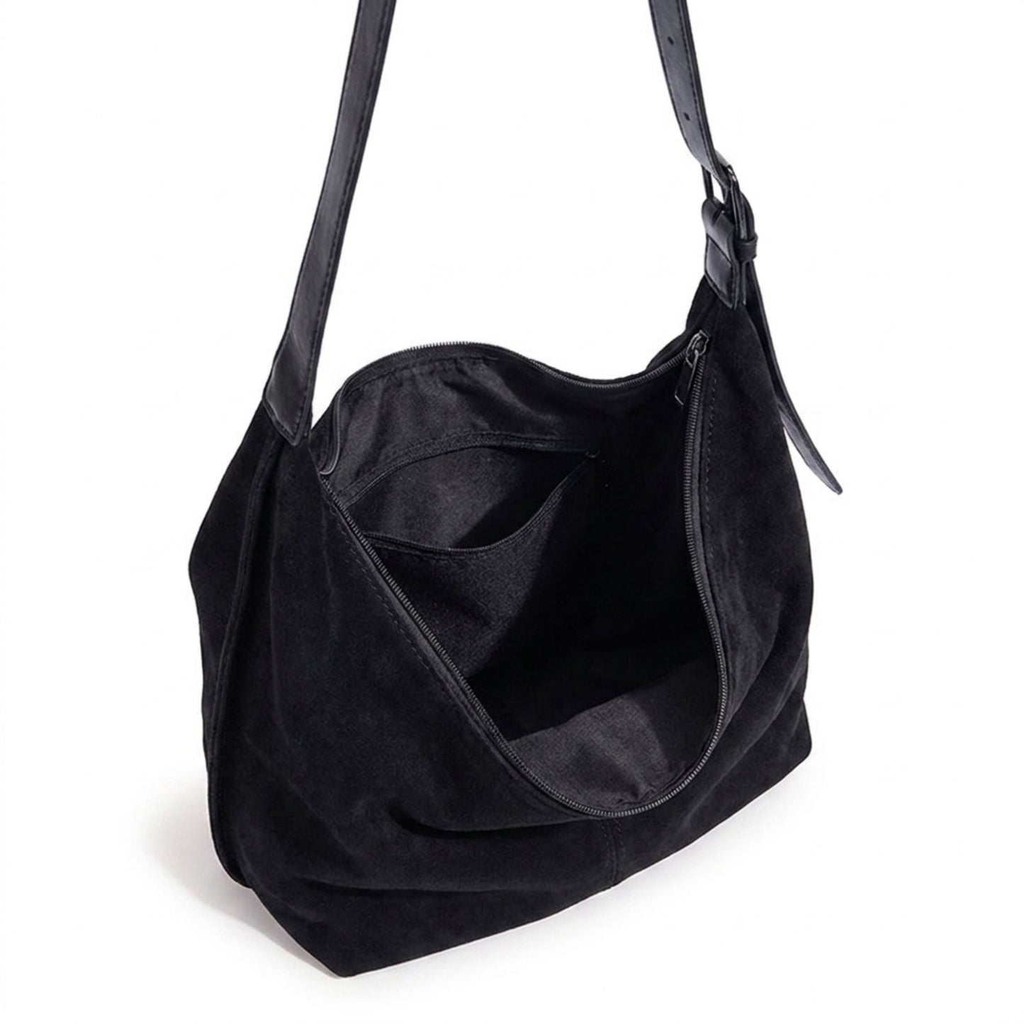 Slouchy Faux Suede Hobo Shoulder Bag with Zipper Closure and Adjustable Strap