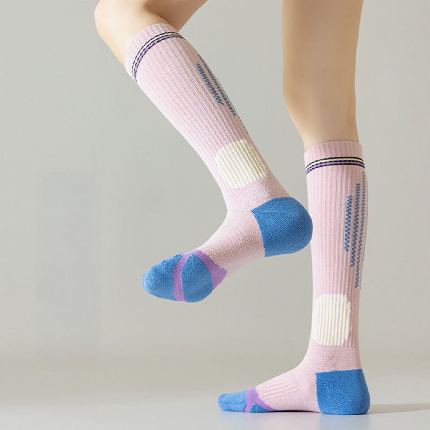 3-Pair Set Colorblock Athletic Knee-High Socks with Cushioned Heel Arch Support for Daily Fitness