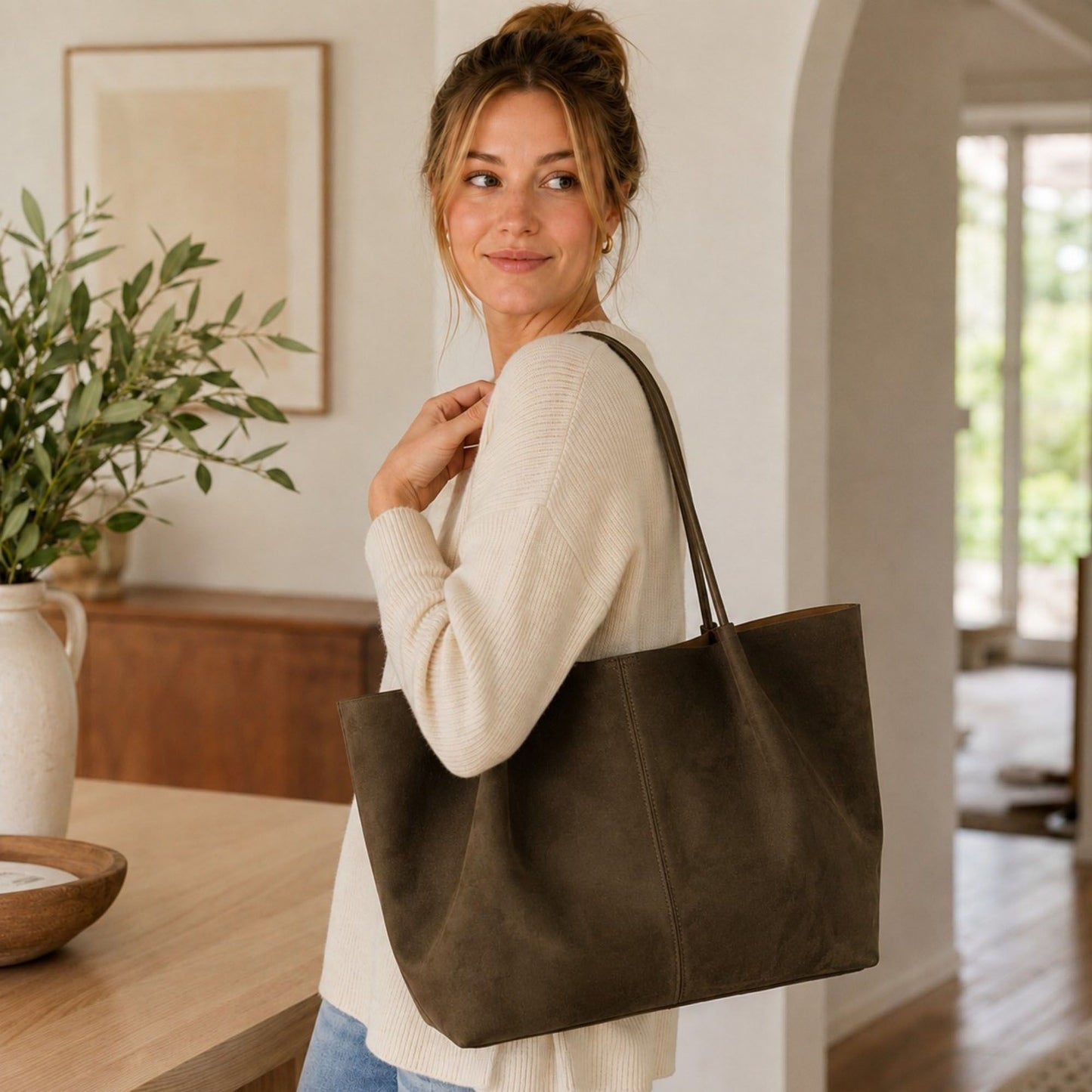 Large Suede-Like Shoulder Tote Bag with Long Handles