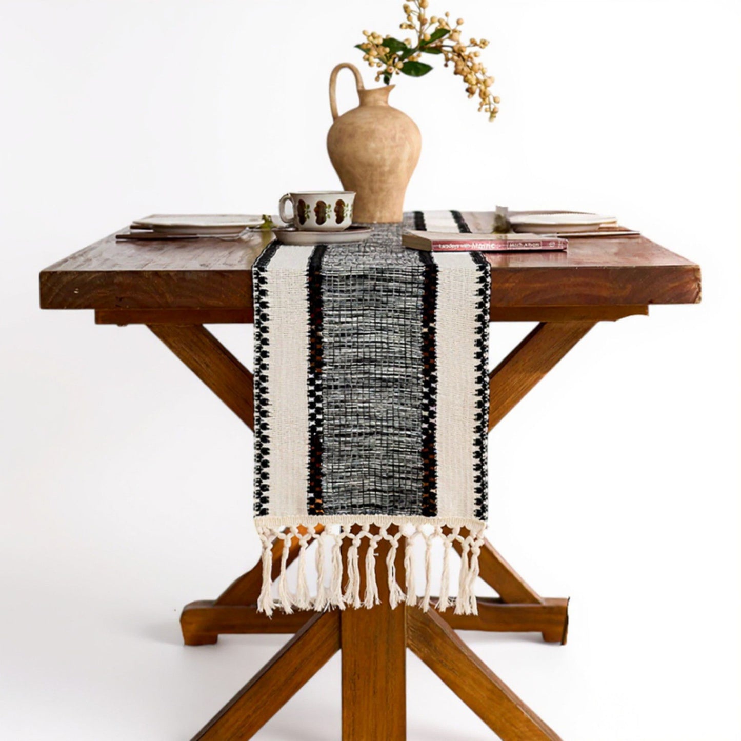 Textured Woven Table Runner with Fringe Edges and Bohemian Stripe Pattern 47x11.8 in