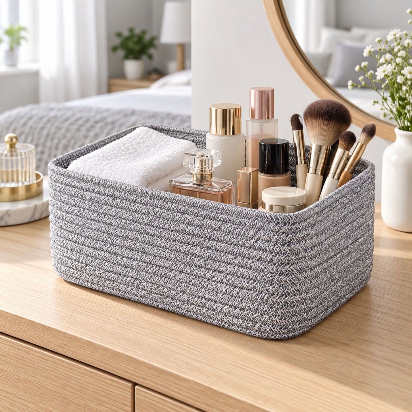 3 Piece Rectangular Woven Cotton Cord Desktop Storage Basket Set