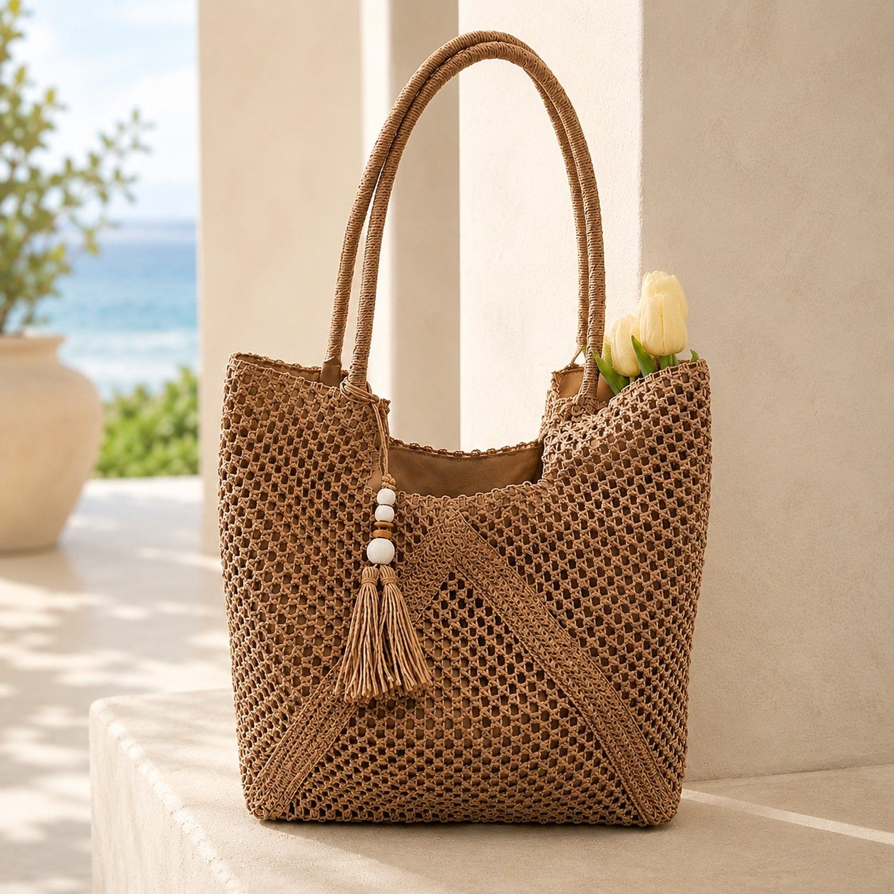Open Weave Beach Tote Bag with Zip Closure Rope Handles and Tassel Accent