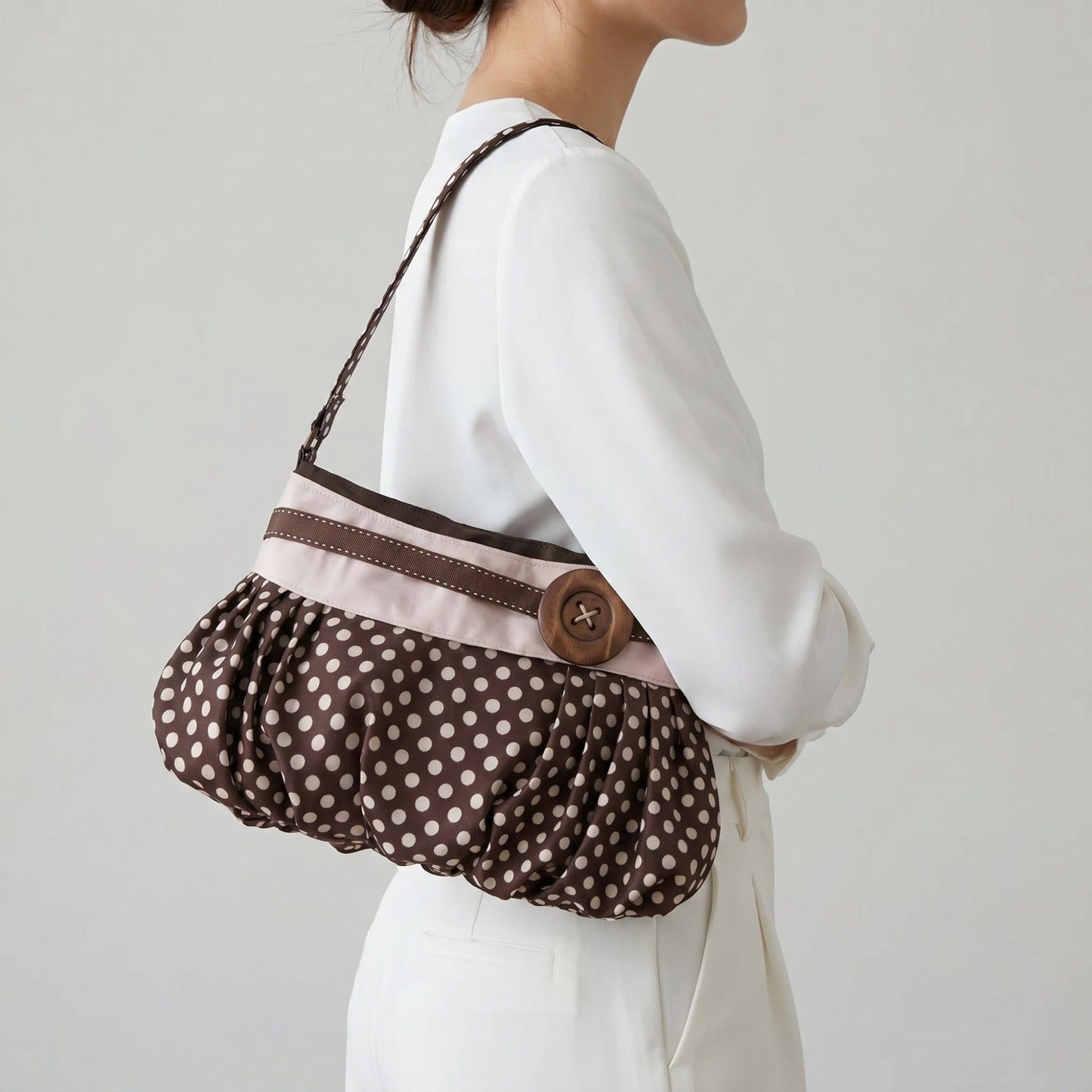 Polka Dot Slouch Shoulder Bag with Oversized Button Accent Pleated Silhouette Retro Inspired Handbag 12x7x0.4 in