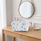 Womens Quilted Ruffle Makeup Bag with Blue Print Cosmetic Pouch
