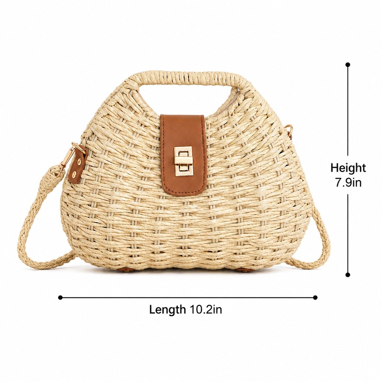 Round Woven Top Handle Crossbody Bag with Button Closure and Chain Strap