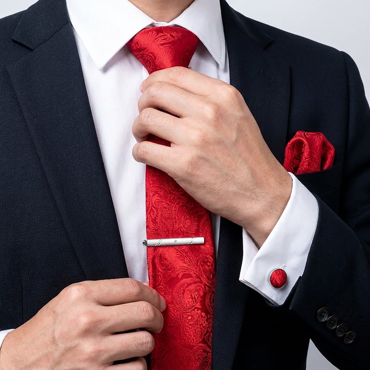 Men's Floral Print Tie Gift Set with Matching Pocket Square Cufflinks and Silver Tie Clip