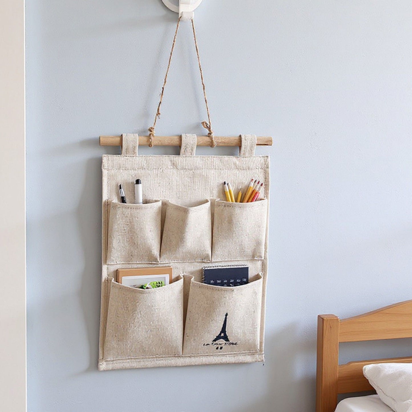 Hanging Wall Organizer with Eiffel Tower Print and Five Canvas Storage Pockets 12.5x9.5 in