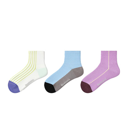 Renaissance Women 3-Pair Ankle Socks Set Assorted Patterns Featuring Colorblock, Cartoon Characters, and Butterfly Prints