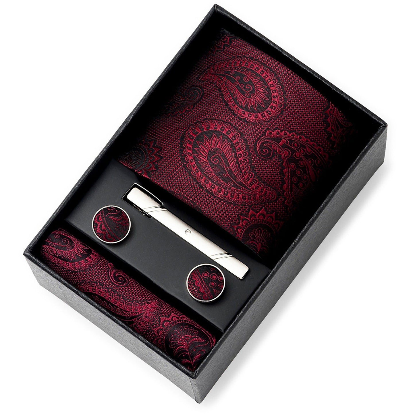 Men's Rose Floral Tie Gift Set with Matching Pocket Square Cufflinks and Silver Tie Clip