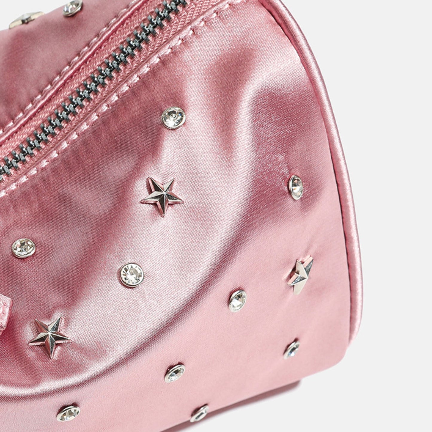 Studded Satin Shoulder Bag with Zip Closure and Interior Pocket